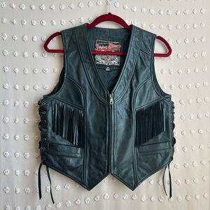 Flying Bikes Oakwood Vintage Women’s Leather Fringe Conch Detail Vest Sz M Black